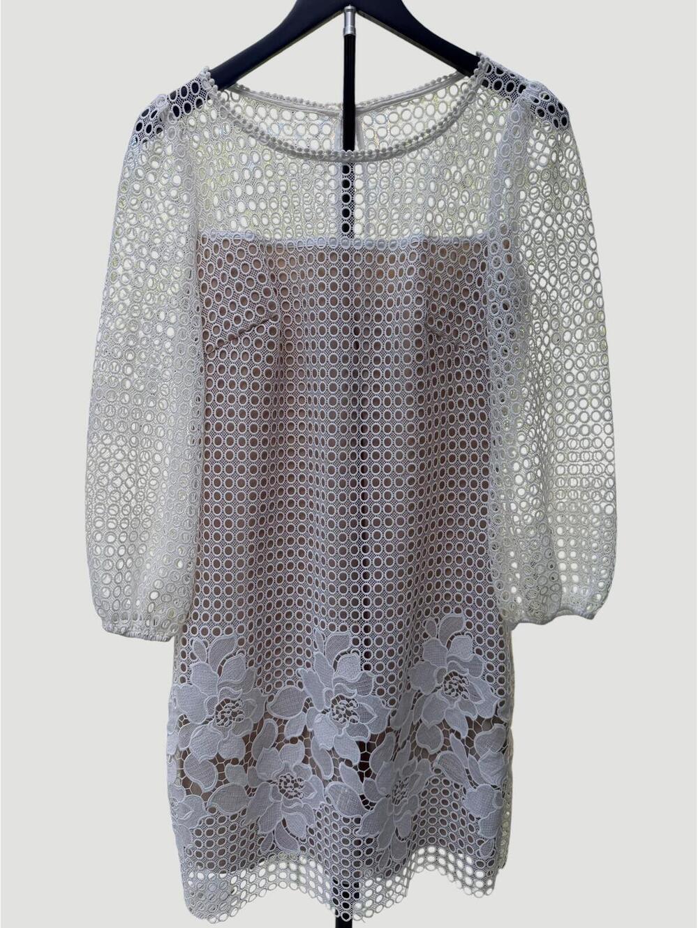 WHBM White Lace Eyelet Crochet Shift Dress 3/4 Sleeve Size 4 - Picture 3 of 8